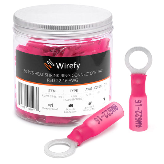 Wirefy 150 PCS Heat Shrink Ring Terminals 1/4" - a Resistant Ring Connectors - Eyelet Wire Connectors - Red 22-16 AWG