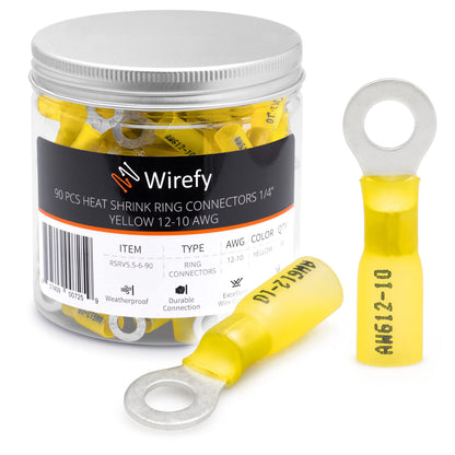 Wirefy 90 PCS Heat Shrink Ring Terminals 1/4" - a Resistant Ring Connectors - Eyelet Wire Connectors - Yellow 10-12 AWG