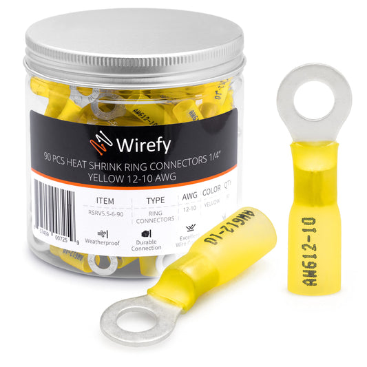 Wirefy 90 PCS Heat Shrink Ring Terminals 1/4" - a Resistant Ring Connectors - Eyelet Wire Connectors - Yellow 10-12 AWG