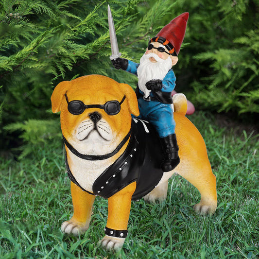 JHWKJS Garden Gnome Statue Holding Sword Outdoor, Funny Garden Gnome Riding Dog Statue Decoration Lawn Figurines for Home Patio Yard Garden Decor Indoor Outdoor, Housewarming Garden Gift