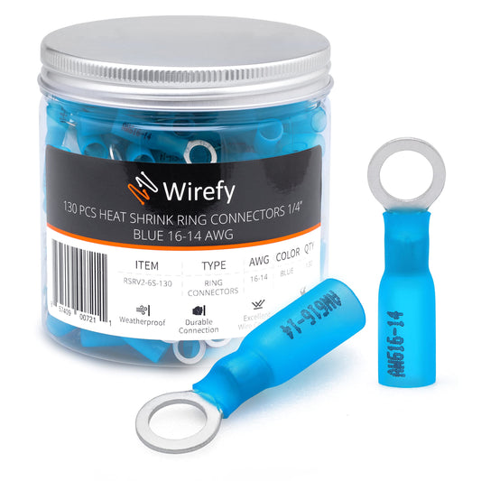 Wirefy 130 PCS Heat Shrink Ring Terminals 1/4" - a Resistant Ring Connectors - Eyelet Wire Connectors - Blue 16-14 AWG