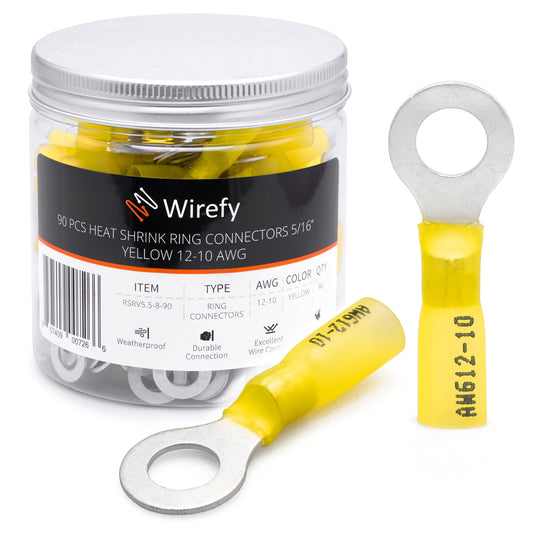 Wirefy 90 PCS Heat Shrink Ring Terminals 5/16" - a Resistant Ring Connectors - Eyelet Wire Connectors - Yellow 10-12 AWG