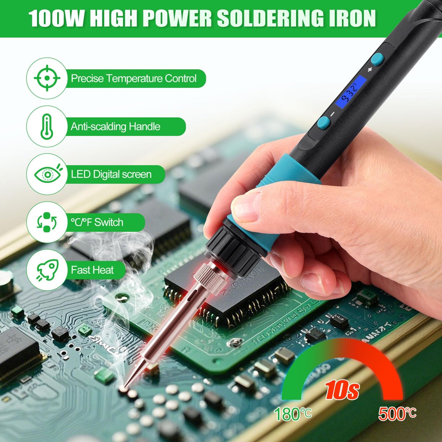 WORKEASE 100W Soldering Iron Kit, LED Digital Solder Iron with 5pcs Tips, 10s Fast Heating Max 932℉, Adjustable Temperature Soldering Iron Kit for Electronics for Electronic Repair, DIY