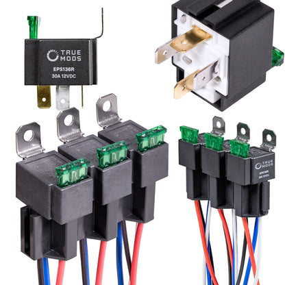 True MODS 6 Pack 4-Pin 12V Bosch Style Fused Relay Switch Kit [Interlocking Harness Socket Holder] [14 AWG Hot Wires] [SPST] [30 Amp] 12 Volt Automotive relays with Fuse for Auto Cars