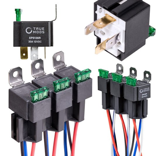 True MODS 6 Pack 4-Pin 12V Bosch Style Fused Relay Switch Kit [Interlocking Harness Socket Holder] [14 AWG Hot Wires] [SPST] [30 Amp] 12 Volt Automotive relays with Fuse for Auto Cars