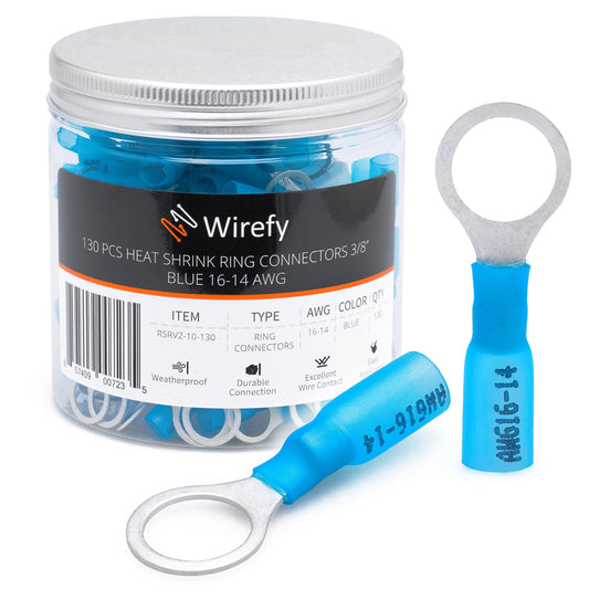 Wirefy 130 PCS Heat Shrink Ring Terminals 3/8" - a Resistant Ring Connectors - Eyelet Wire Connectors - Blue 16-14 AWG