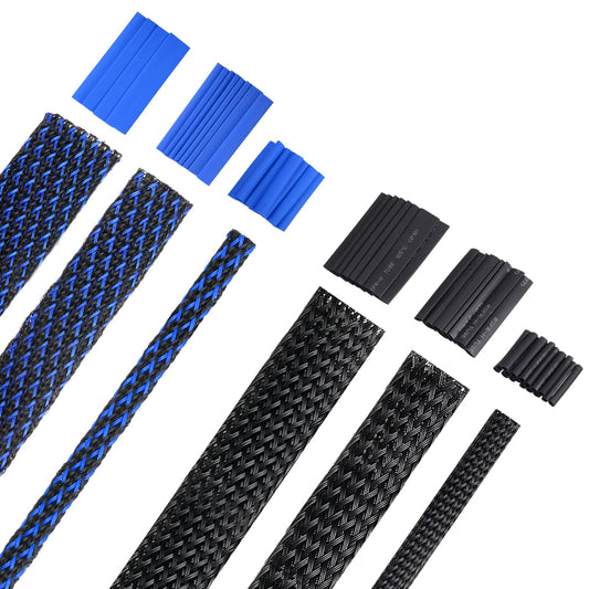 Xuniea 96ft Wire Loom Braided Cable Sleeve Covers Cord Management with 127 Pcs Tube Heat Shrinkable for Audio Video Cable Cord Protectors from Pets(1/4, 1/2, 3/4 Inch,Black and Blue)