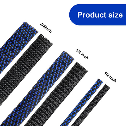 Xuniea 96ft Wire Loom Braided Cable Sleeve Covers Cord Management with 127 Pcs Tube Heat Shrinkable for Audio Video Cable Cord Protectors from Pets(1/4, 1/2, 3/4 Inch,Black and Blue)