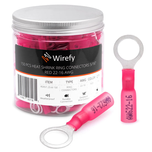 Wirefy 150 PCS Heat Shrink Ring Terminals 5/16" - a Resistant Ring Connectors - Eyelet Wire Connectors - Red 22-16 AWG
