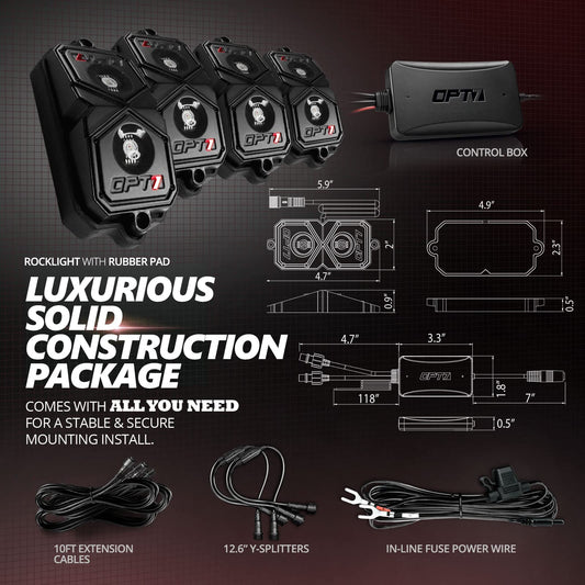 OPT7 Quantum Pro RGBW LED Rock Lights with Bluetooth APP and Remote Control, 4 Pods Wide Angle Multicolor Neon Underglow Lighting Kit with Extension Wire, IP68 Waterproof for Offroad Truck ATV UTV SUV