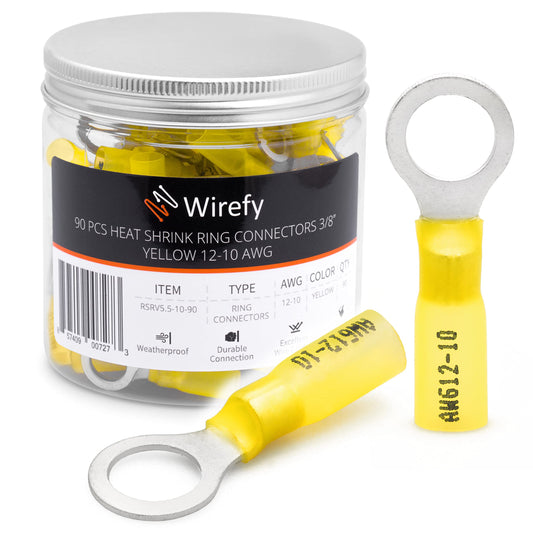 Wirefy 90 PCS Heat Shrink Ring Terminals 3/8" - a Resistant Ring Connectors - Eyelet Wire Connectors - Yellow 10-12 AWG