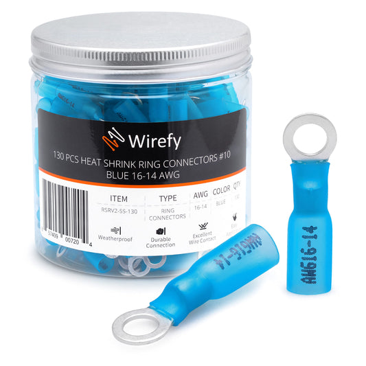 Wirefy Heat Shrink Ring Terminals #10 - Marine Grade Terminal Connectors - Waterproof Eyelet Wire Connectors - Red 16-14 AWG - 130 PCS | Heat Shrink Wire Connectors and Ring Terminal Kit