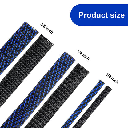 Xuniea 96ft Wire Loom Braided Cable Sleeve Covers Cord Management with 127 Pcs Tube Heat Shrinkable for Audio Video Cable Cord Protectors from Pets(1/2, 1/4, 3/8 Inch,Black and Blue)