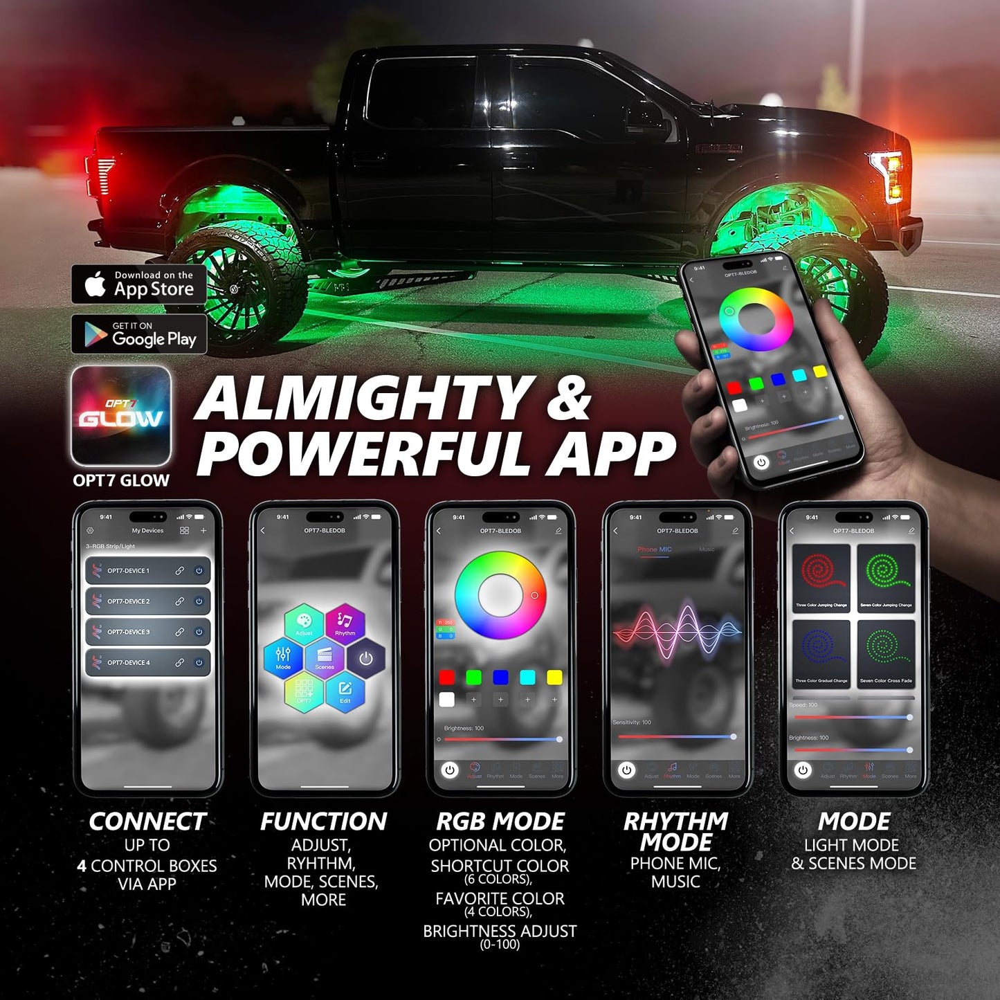 OPT7 Quantum Pro RGBW LED Rock Lights with Bluetooth APP and Remote Control, 4 Pods Wide Angle Multicolor Neon Underglow Lighting Kit with Extension Wire, IP68 Waterproof for Offroad Truck ATV UTV SUV