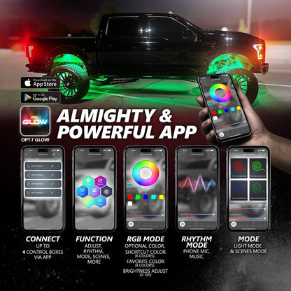 OPT7 Quantum Pro RGBW LED Rock Lights with Bluetooth APP and Remote Control, 4 Pods Wide Angle Multicolor Neon Underglow Lighting Kit with Extension Wire, IP68 Waterproof for Offroad Truck ATV UTV SUV