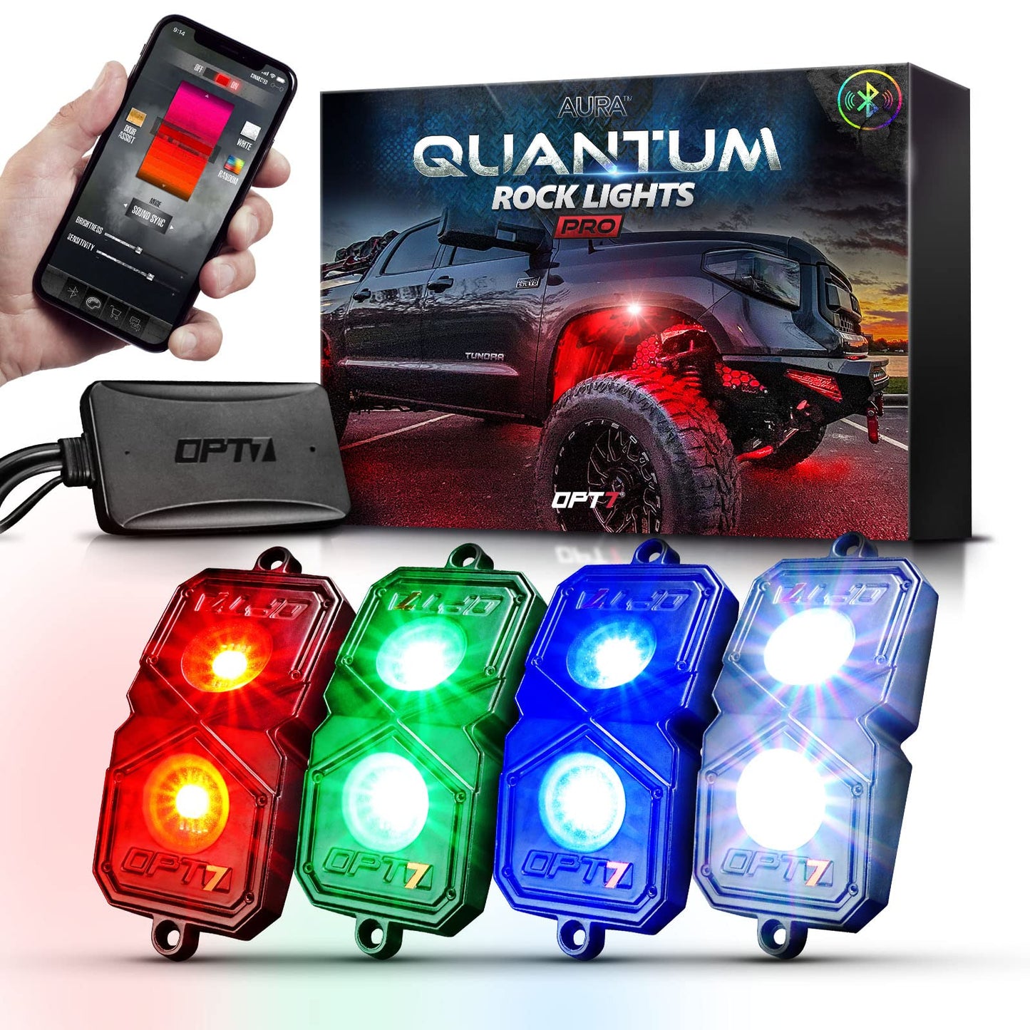 OPT7 Quantum Pro RGBW LED Rock Lights with Bluetooth APP and Remote Control, 4 Pods Wide Angle Multicolor Neon Underglow Lighting Kit with Extension Wire, IP68 Waterproof for Offroad Truck ATV UTV SUV