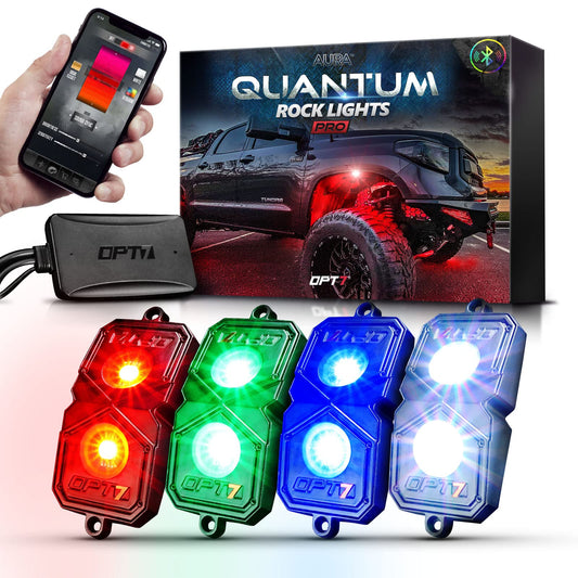 OPT7 Quantum Pro RGBW LED Rock Lights with Bluetooth APP and Remote Control, 4 Pods Wide Angle Multicolor Neon Underglow Lighting Kit with Extension Wire, IP68 Waterproof for Offroad Truck ATV UTV SUV