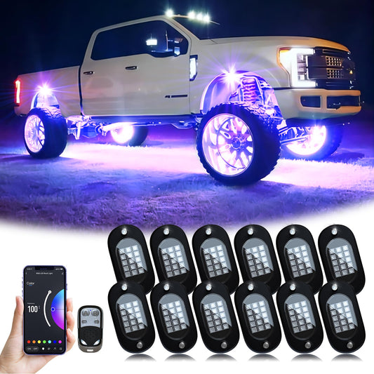YiLaie RGB LED Rock Lights, 180 LEDs Lights with Phone App/Remote Control & Timing & Music Mode Rock Lights Kits, Waterproof Underglow Light for ATV RZR UTV SUV Off Road AUTO Motorcycle (12 Pods)