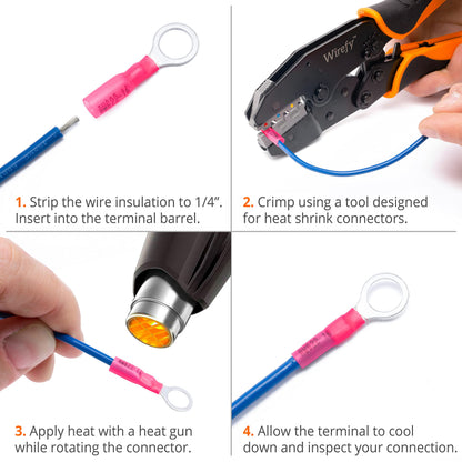 Wirefy 150 PCS Heat Shrink Ring Terminals 3/8" - a Resistant Ring Connectors - Eyelet Wire Connectors - Red 22-16 AWG