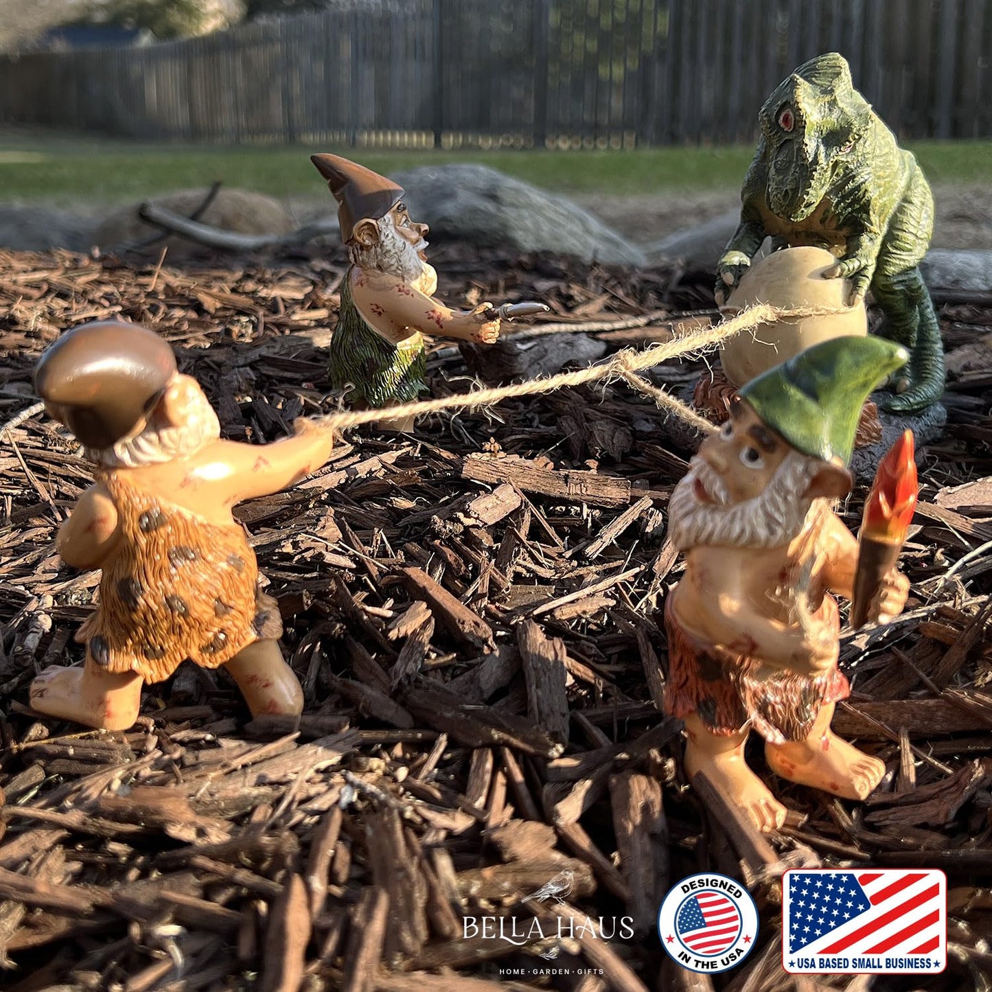 BELLA HAUS DESIGN Caveman Gnome Tyrannosaurus Rex Egg Heist Garden Statue – Funny Dinosaur & Gnome Outdoor Decor for Yard, Patio, or Garden – Whimsical 4-Piece Resin Figurine Set (Dinosaur Egg Heist)