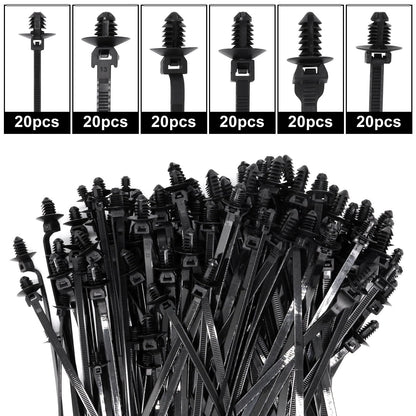 SWZHAI 120 PCS Push Mount Zip Ties, Nylon Car Mount Wire Tie Snap in Cable Zip Ties, Black Push Mount Cable Ties Automotive Zips Tie Fastener Wire Harness Clips for Wire Tying (6-Types)