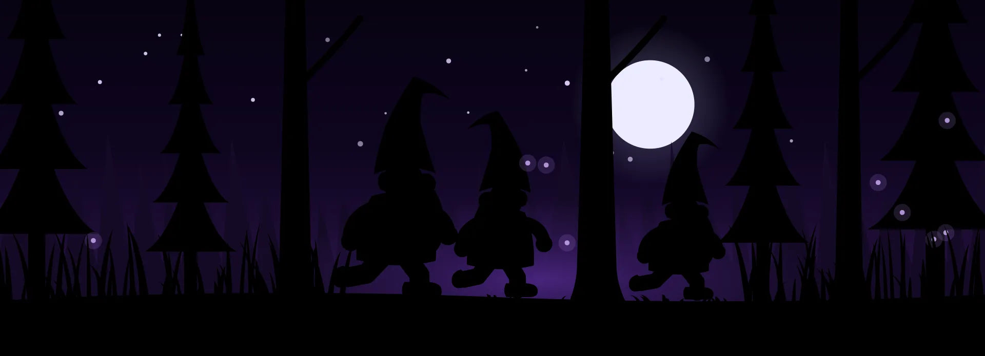 Three gnomes walking through a moonlit purple forest